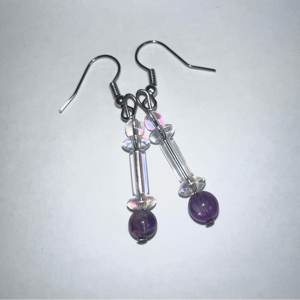 Iridescent Crystal & Glass Bead Purple Handmade Earrings New